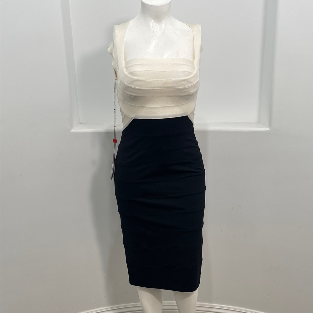 Tadashi Collection Women’s Sleeveless Cream and Black Bandage Midi Dress Size M